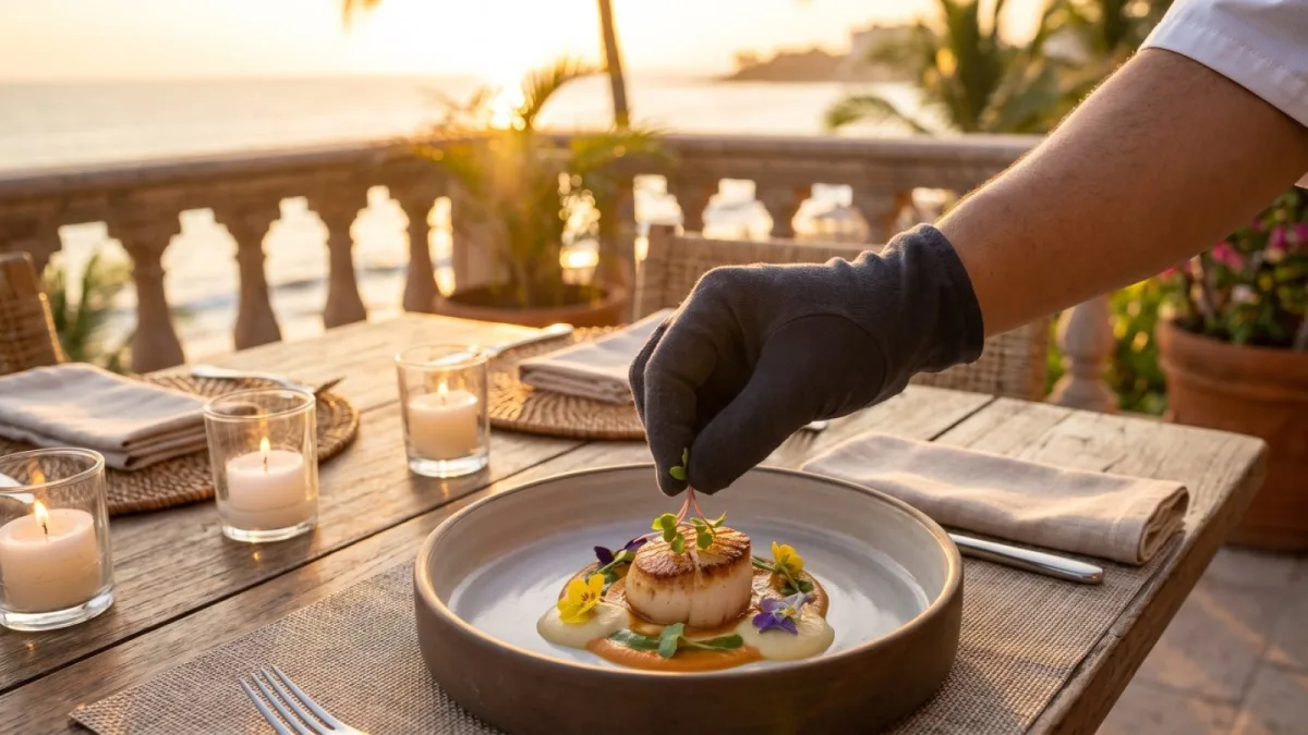 Manos del chef privado terminando de emplatar una vieira en una terraza de Puerto Vallarta con el mar de fondo al atardecer