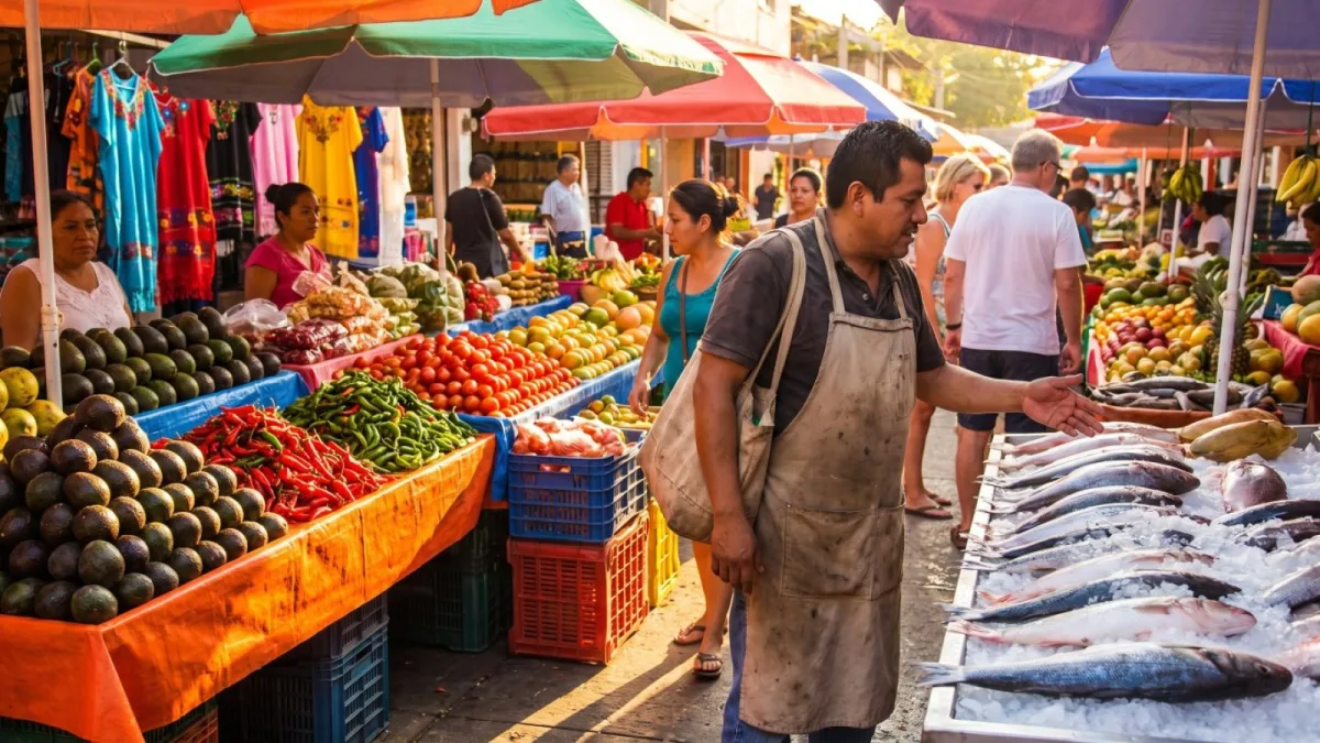 Chef privado escogiendo pescado fresco y verduras en un puesto de mercado de Puerto Vallarta por la mañana