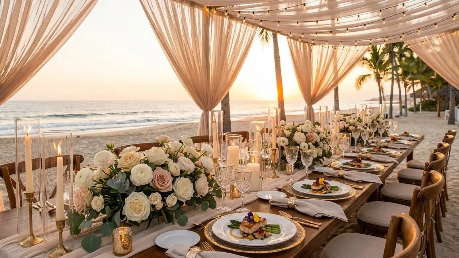 Mesa larga montada en la arena al atardecer con velas y flores, esperando la cena de un chef privado en Puerto Vallarta